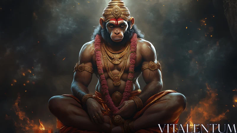 Simian-headed seated figure in ornate attire holds meditative pose