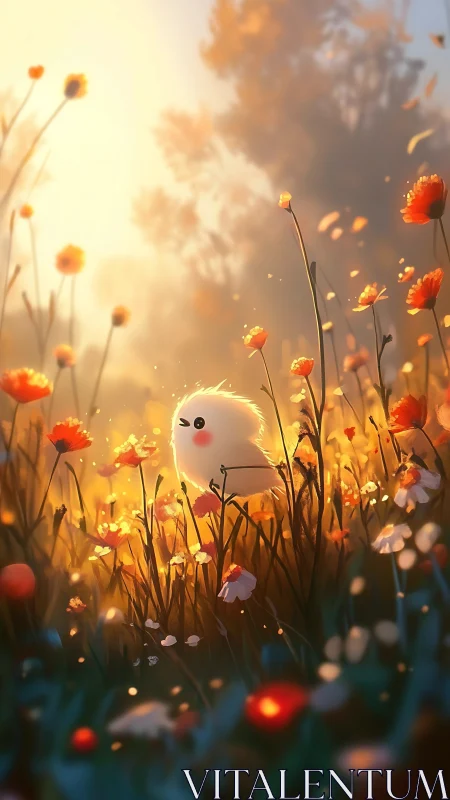 White creature blooms in golden flower field at sunset