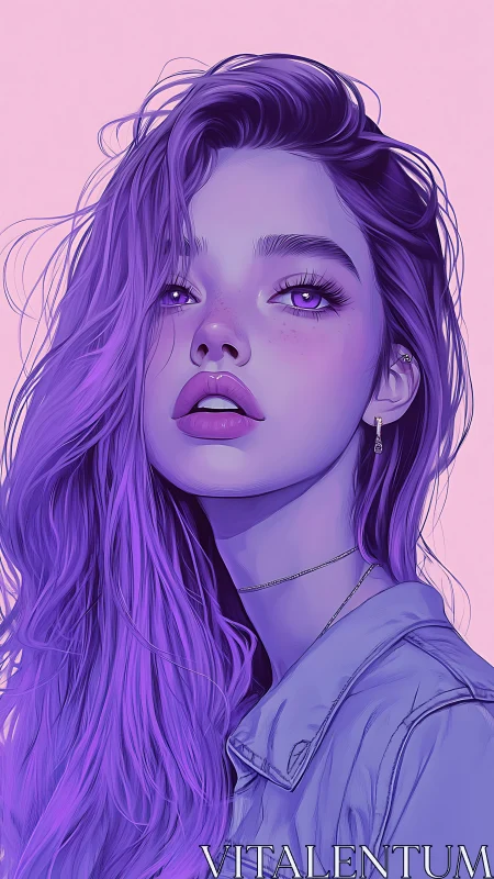 Violet haired girl gazes upward under soft pastel lighting