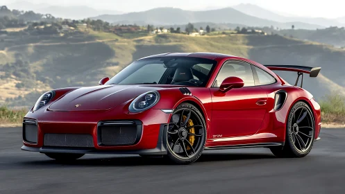 Red high-performance sports coupe on mountain roadway.