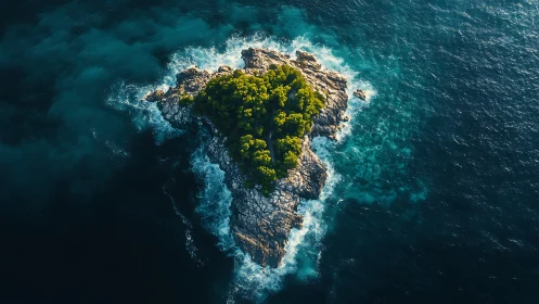 Verdant Rocky Islet Crowned with Vegetation Amid Turquoise Waters.