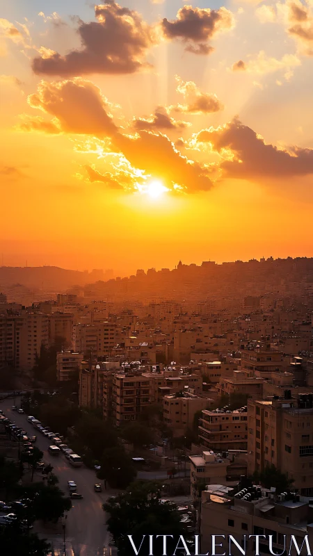 High-density urban skyline under radiant orange sunset haze