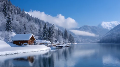 Snow covered lakeside cabin with moored boats and pine forest.