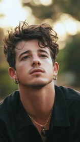 Young man gazes upward under soft golden evening light.