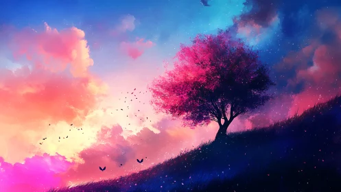 Lone pink tree glows against vivid twilight gradient sky