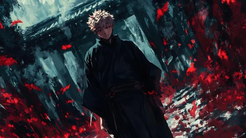 Dark robed figure stands before abstract red and teal field