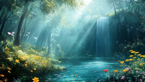 Sunlit forest waterfall illuminates reflective turquoise pool