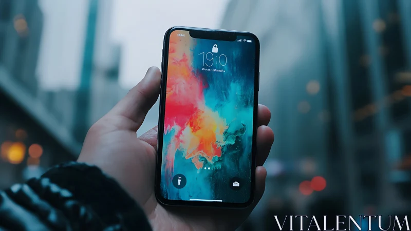 Smartphone with abstract watercolor lock screen display.