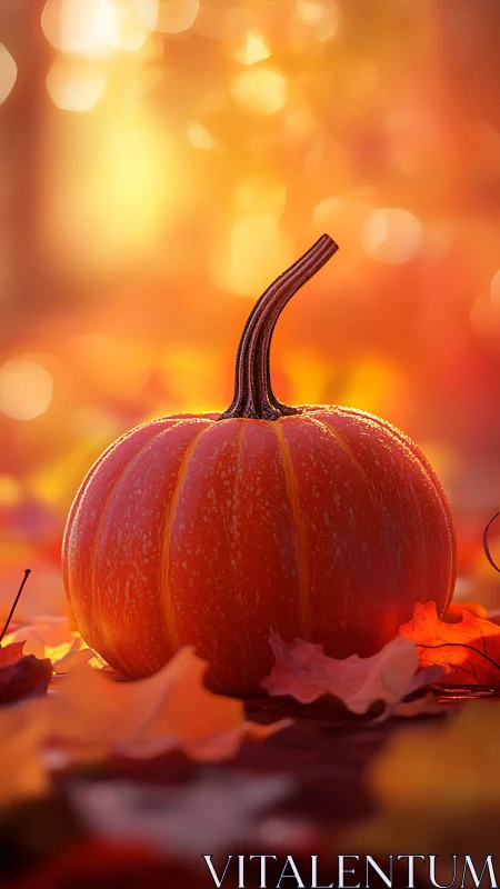Sunlit pumpkin close-up in warm autumn bokeh field.