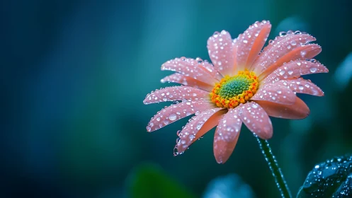 Dew-Covered Pink Daisy Against Teal Background Displays Macro Photography Technique