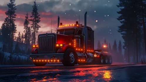 Midnight highway semi truck glowing in snowy forest dusk.