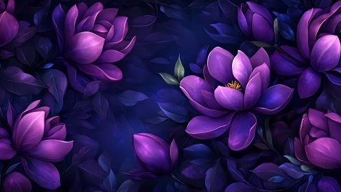 Purple Blossoms Against Deep Navy. Digital Botanical Study.