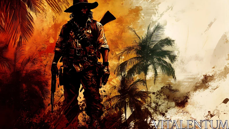 Silhouetted armed figure in tropical landscape illustration.