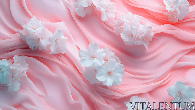 White Flowers Dance Through Flowing Pink Silk Waves.