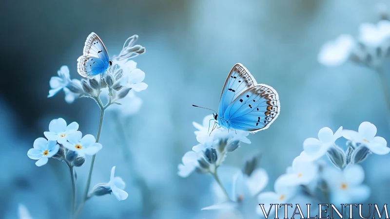 Two blue butterflies rest on pale flowers in soft focus