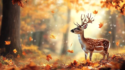 Autumn stag stands amid drifting leaves in golden forest light.