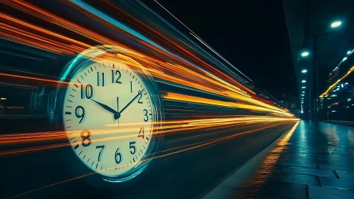 Chronometric motion blur with luminous transit streaks at night.