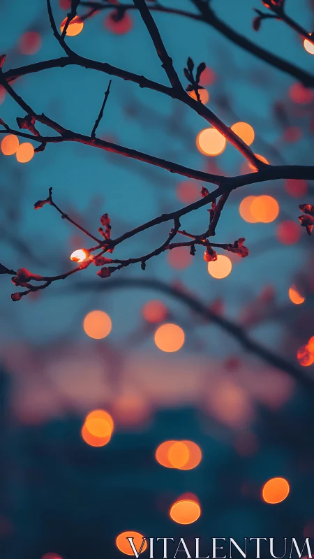 Shallow-depth evening bokeh on bare twigs against teal dusk