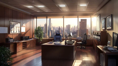 Executive office interior with city skyline view at sunset.