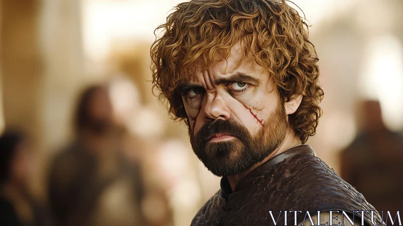 Cinematic close-up of scarred warrior in shallow depth of field.