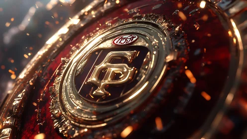 Metallic emblem closeup with gold crest and sparks.