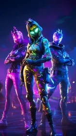 Neon hooded trio in iridescent tactical armor under cyber lights.
