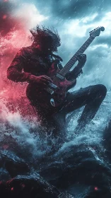 Electric guitarist battling storm waves in vivid lighting.