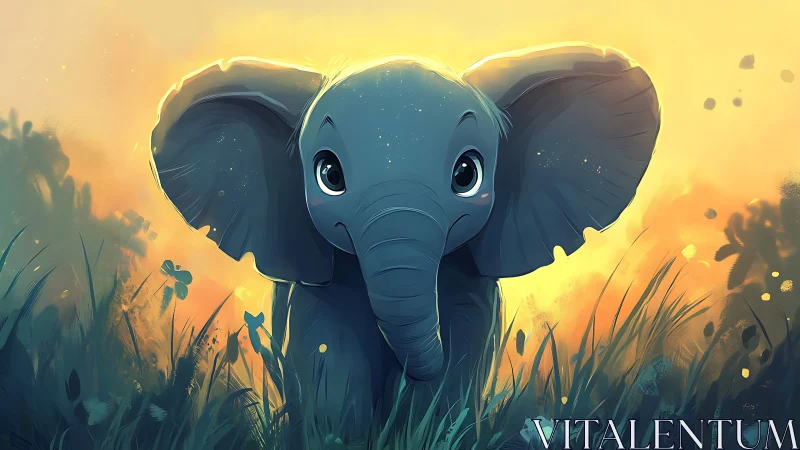 Sunlit baby elephant in glowing grassland illustration.