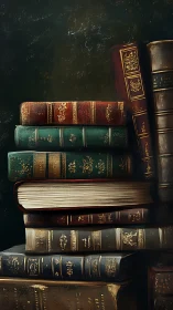 Stacked antique leather books sit against dark background