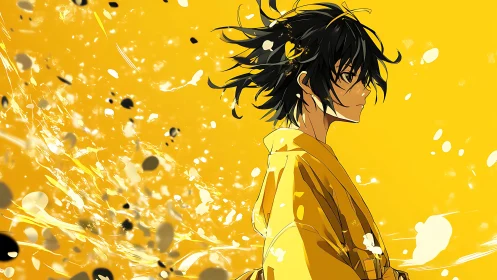 Anime portrait of dark-haired youth amid dynamic yellow splashes
