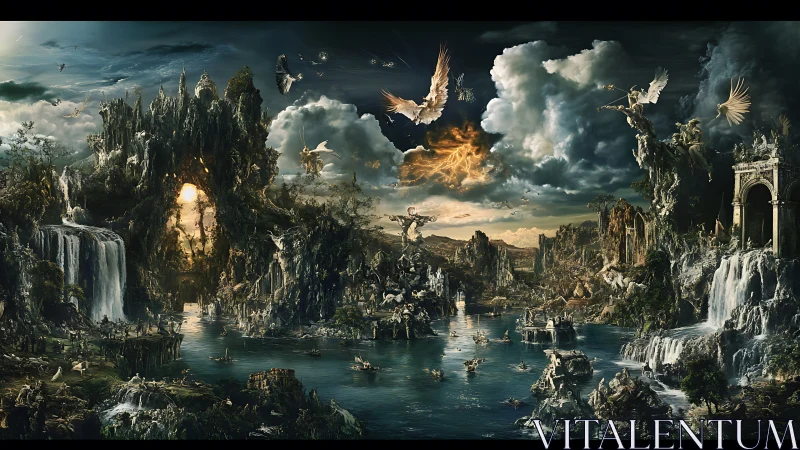 Mythic valley with waterfalls, ruins and winged beings.