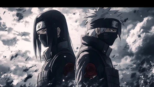 Back-to-back masked shinobi under storm-torn monochrome sky