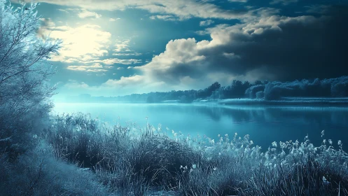 Moonlit lake shoreline glows softly beneath drifting clouds