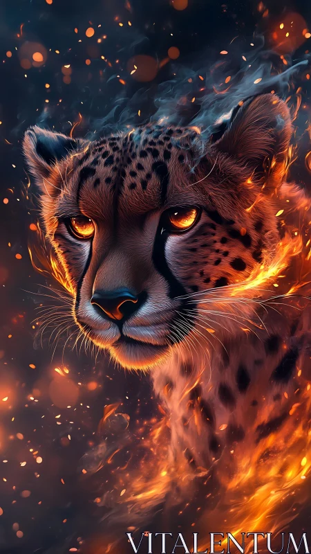 High-detail cheetah portrait engulfed in stylized volumetric fire effects