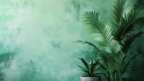 Lush indoor palms against textured mint green wall.