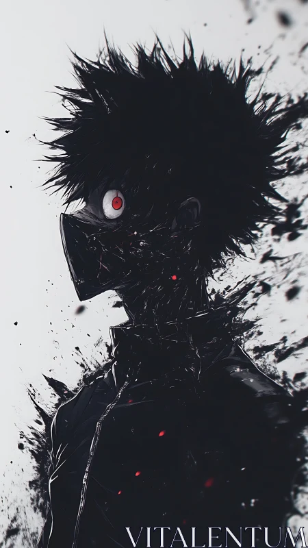 Shadowed masked figure gazes ahead with fierce red eye