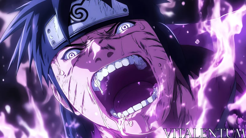 Shinobi battle cry ignites storm of violet chakra flames.