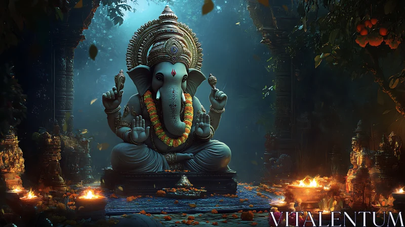 Ganesha statue in ornate shrine with ritual lamps lit.