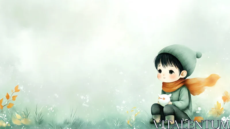 Cozy little child and pet bird sharing a soft autumn day.