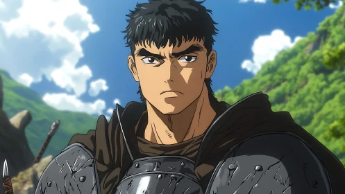 Armored swordsman under high-contrast daylight atmospheric depth.