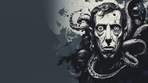 Monochrome horror portrait with tentacled surreal infestation.