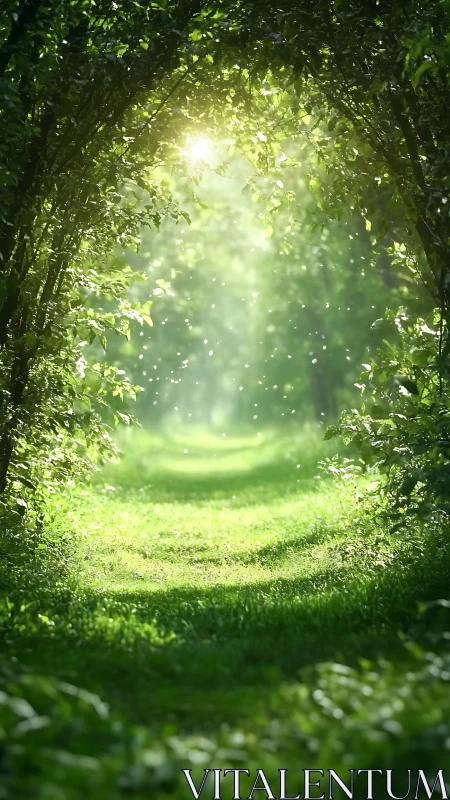 Luminous Tree Tunnel Path with Radiant Sunlight.