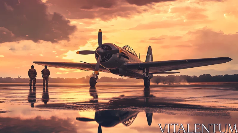 Sunset-soaked warbird waits while two pilots pace the runway