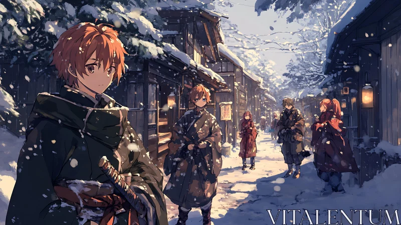 Snowfall cloaks samurai street in wintry evening hush.