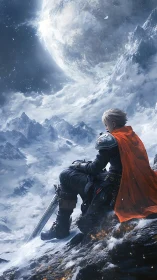 Lone armored warrior rests on icy cliff under massive moon.