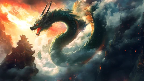 Serpentine dragon coils through clouds near mountain citadel