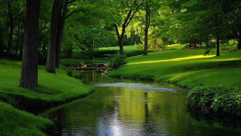 Shaded woodland stream bordered by trimmed grassy banks.