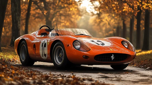 Sunlit autumn lane with a radiant vintage race car.