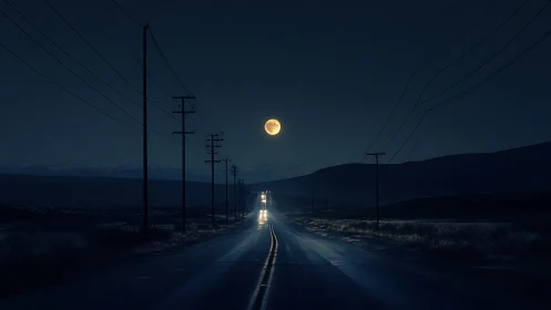 Moonlit highway hums beneath a lone golden sky lantern.