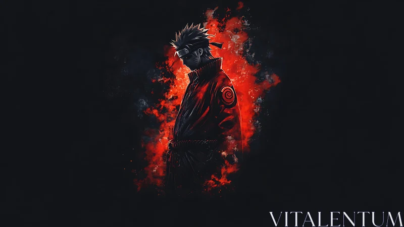 Anime warrior silhouette in red inferno, high-contrast framing.